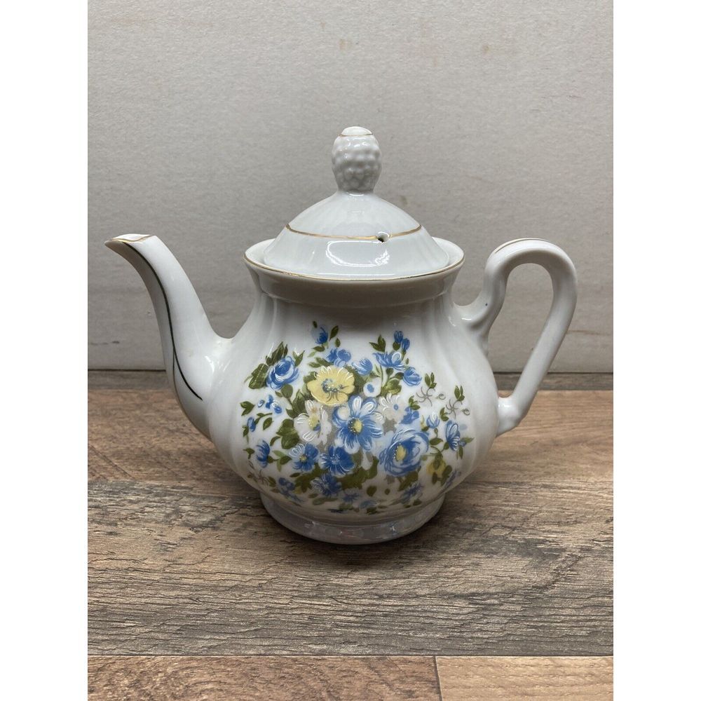 Porcelain Teapot With White, Yellow & Blue Flowers, Made In Japan Lusterware